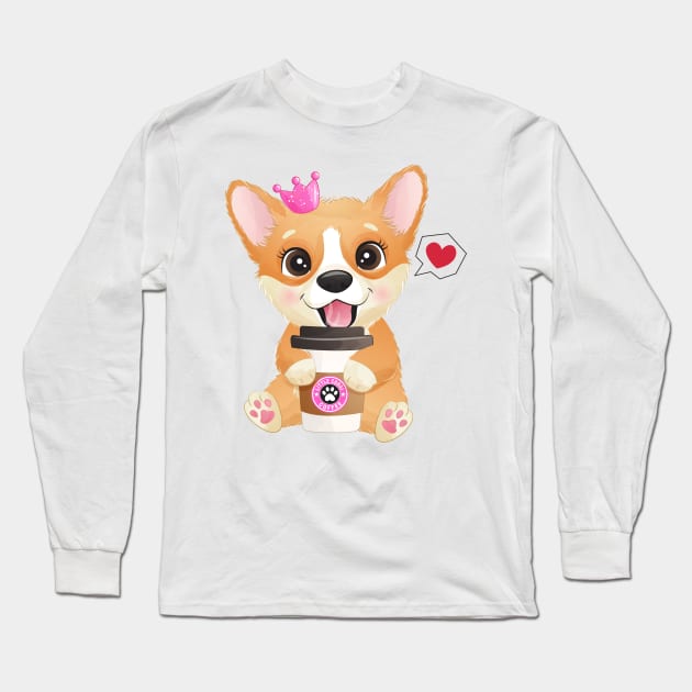 cute little corgi with coffee cup tshirt Long Sleeve T-Shirt by Tshirt lover 1